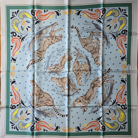 Hermes Guépards Bandana90 Double Face Silk Yellow, Blue, Green New - Picture 1 of 8